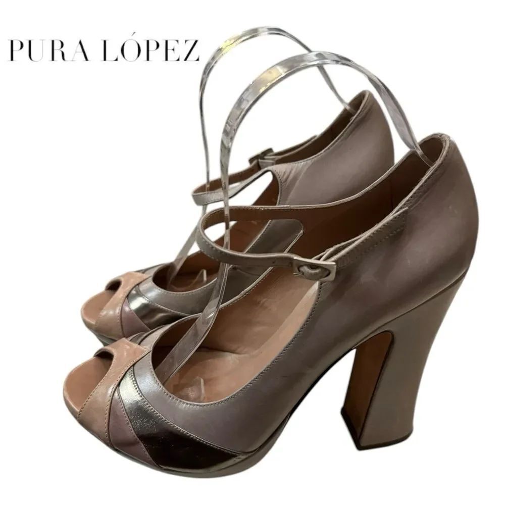 Pura Lopez Women's Taupe Metallic Tan Leather Platform Chunky Heels 39.5